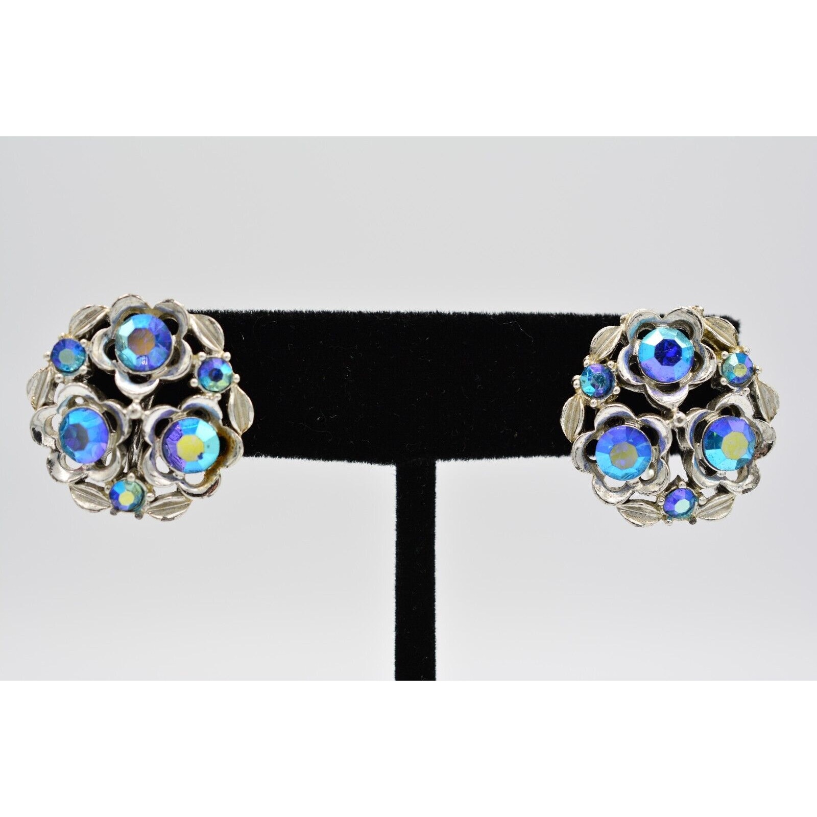 Star Vintage Screw Back Earring Blue Ab Rhinestone Crystal Enamel Signed Binab 19$
